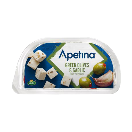 B139 Apetina Snack Pack in Oil Green Olives & Garlic (10x100g)